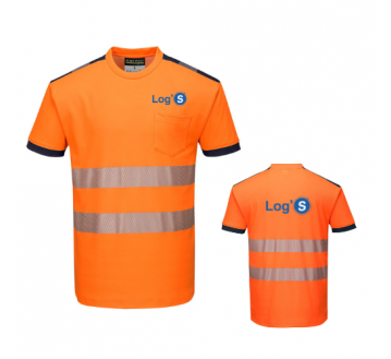 TEE-SHIRT HAUTE VISIBILITE ORANGE T181 PORTWEST + TRANSFERT COEUR ET DOS LOG'S BLEU