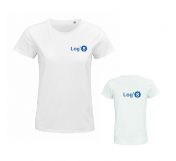 TEE-SHIRT FEMME PIONEER ORANGE ET BLANC LOG'S 03579 SOL'S + TRANSFERT COEUR ET DOS LOG'S BLEU